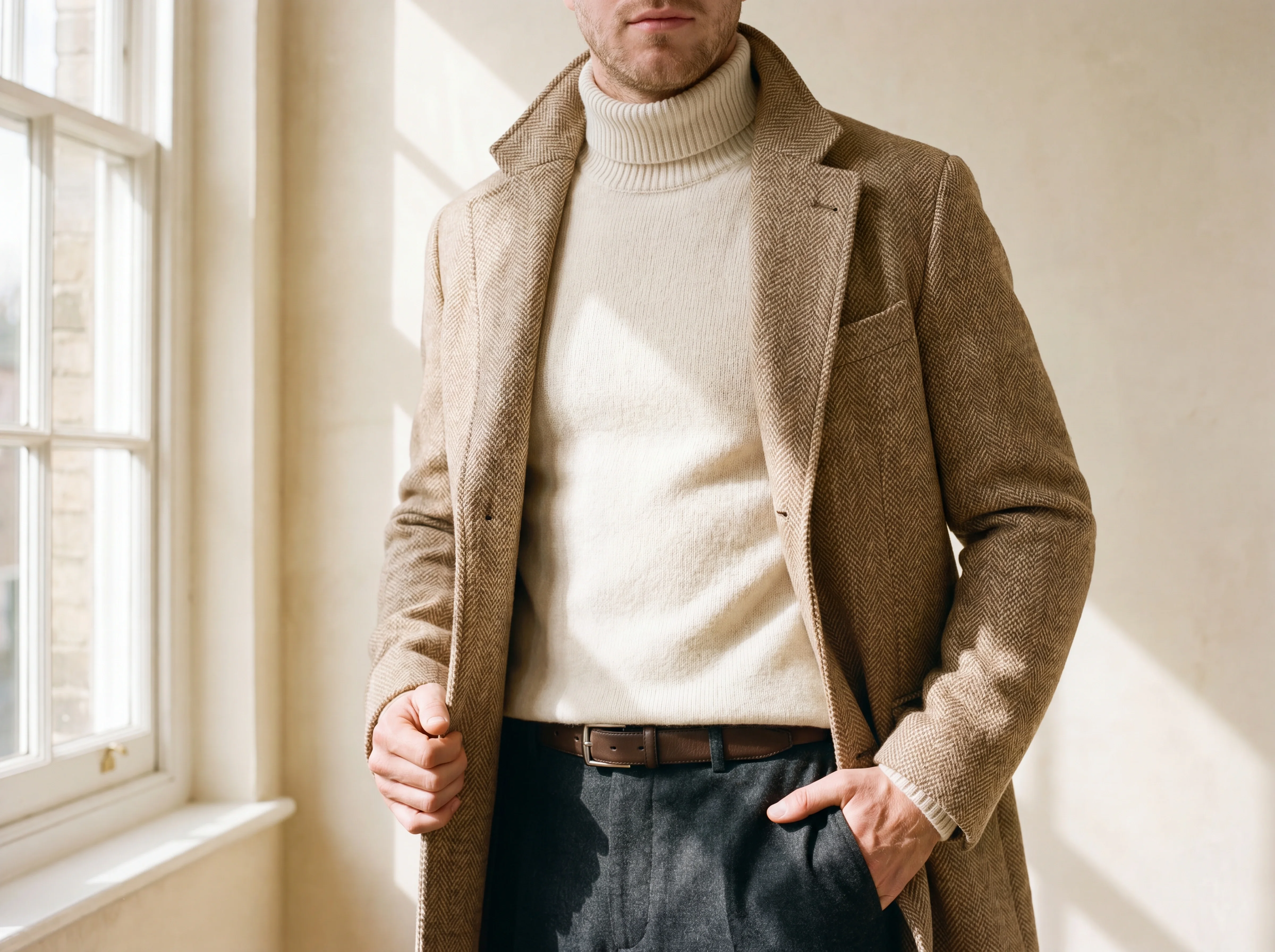 A tight editorial detail crop of a tailored look