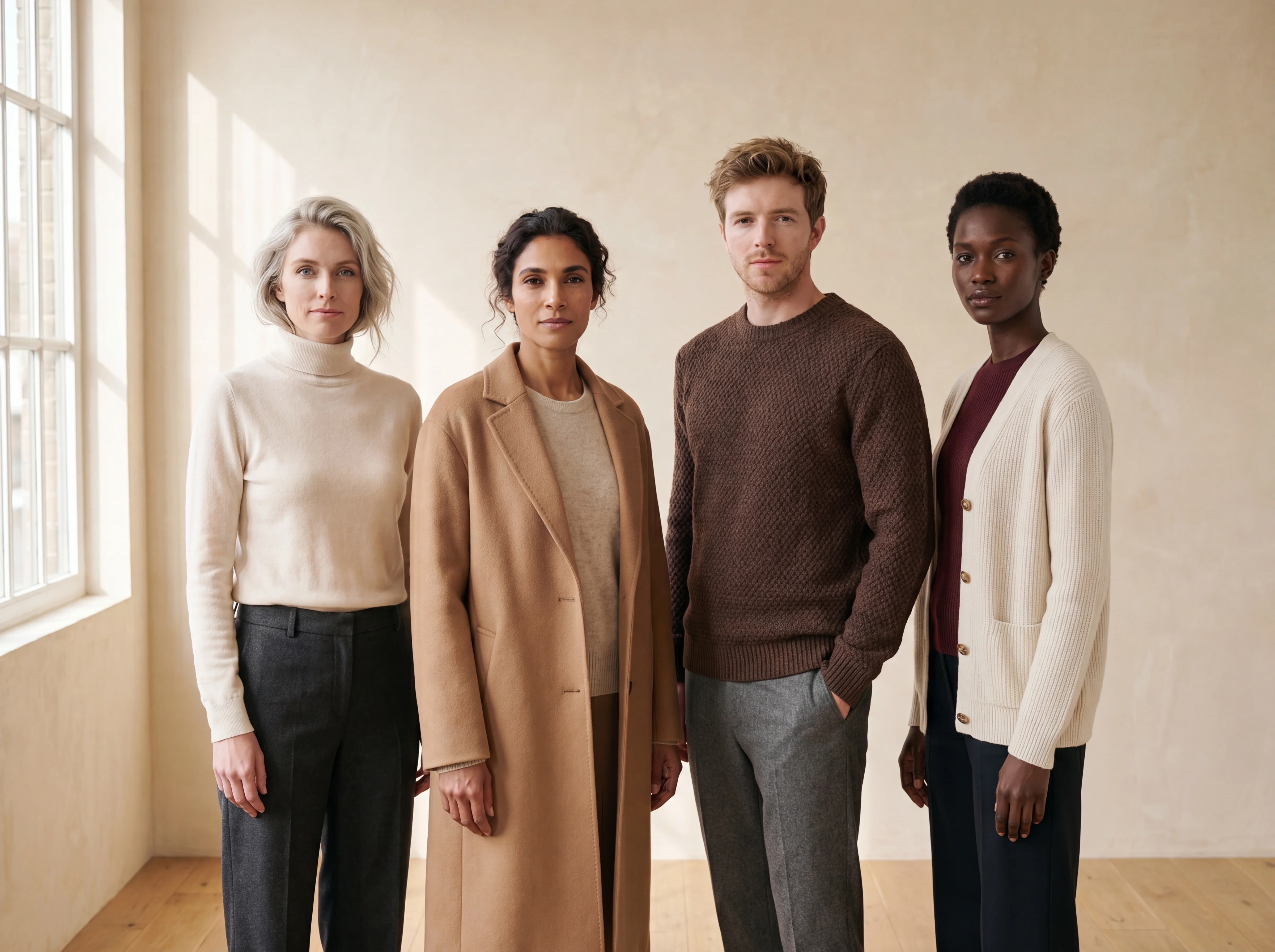 Four models of different ages, skin tones and hair in one collection