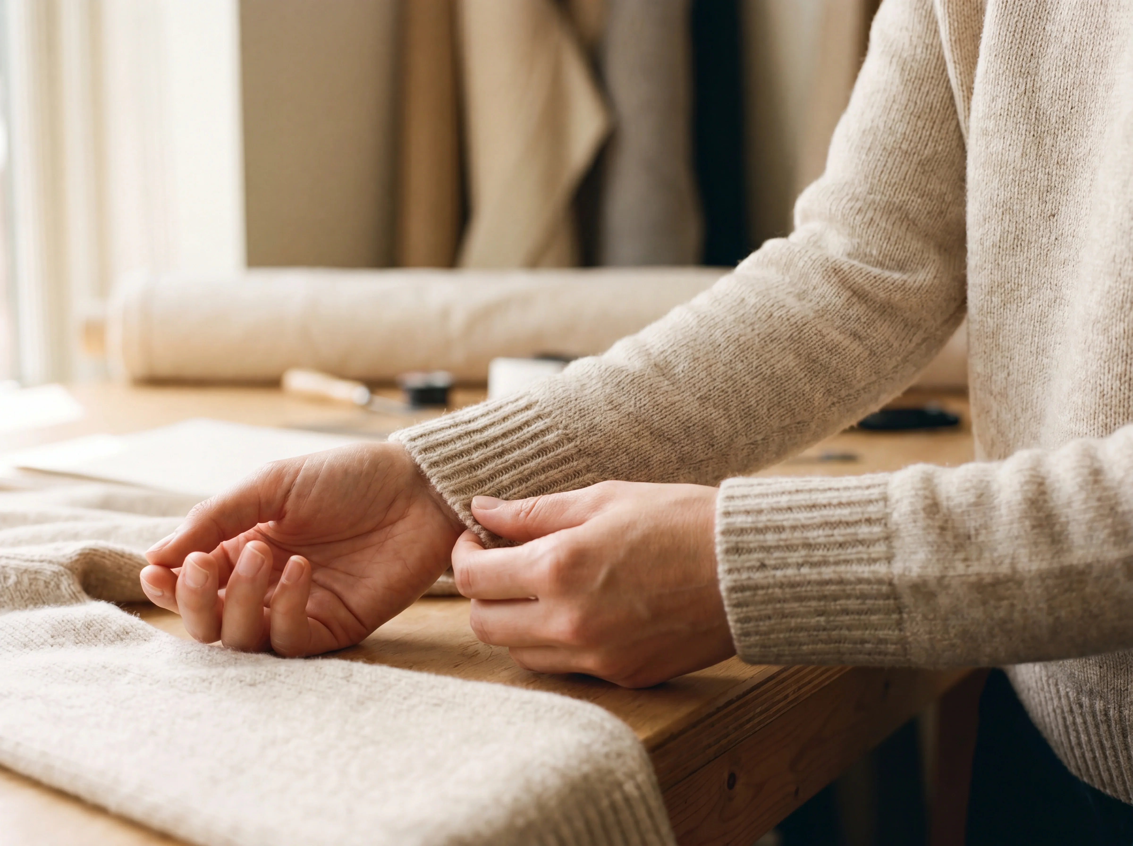 Hands adjusting the ribbed cuff of a cashmere knit