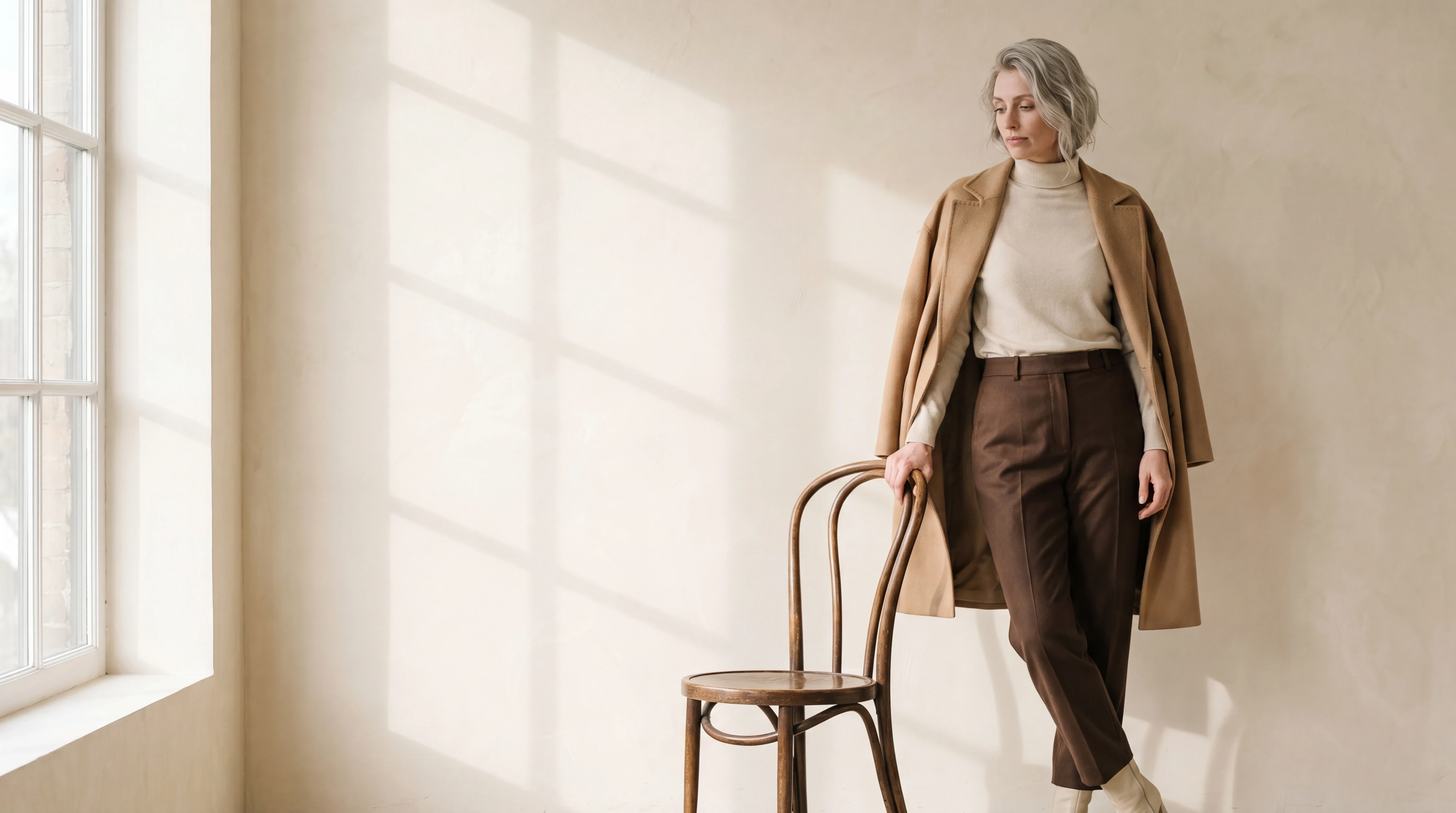 Full-bleed hero: a model wearing the uploaded garment in an editorial setting, full-width