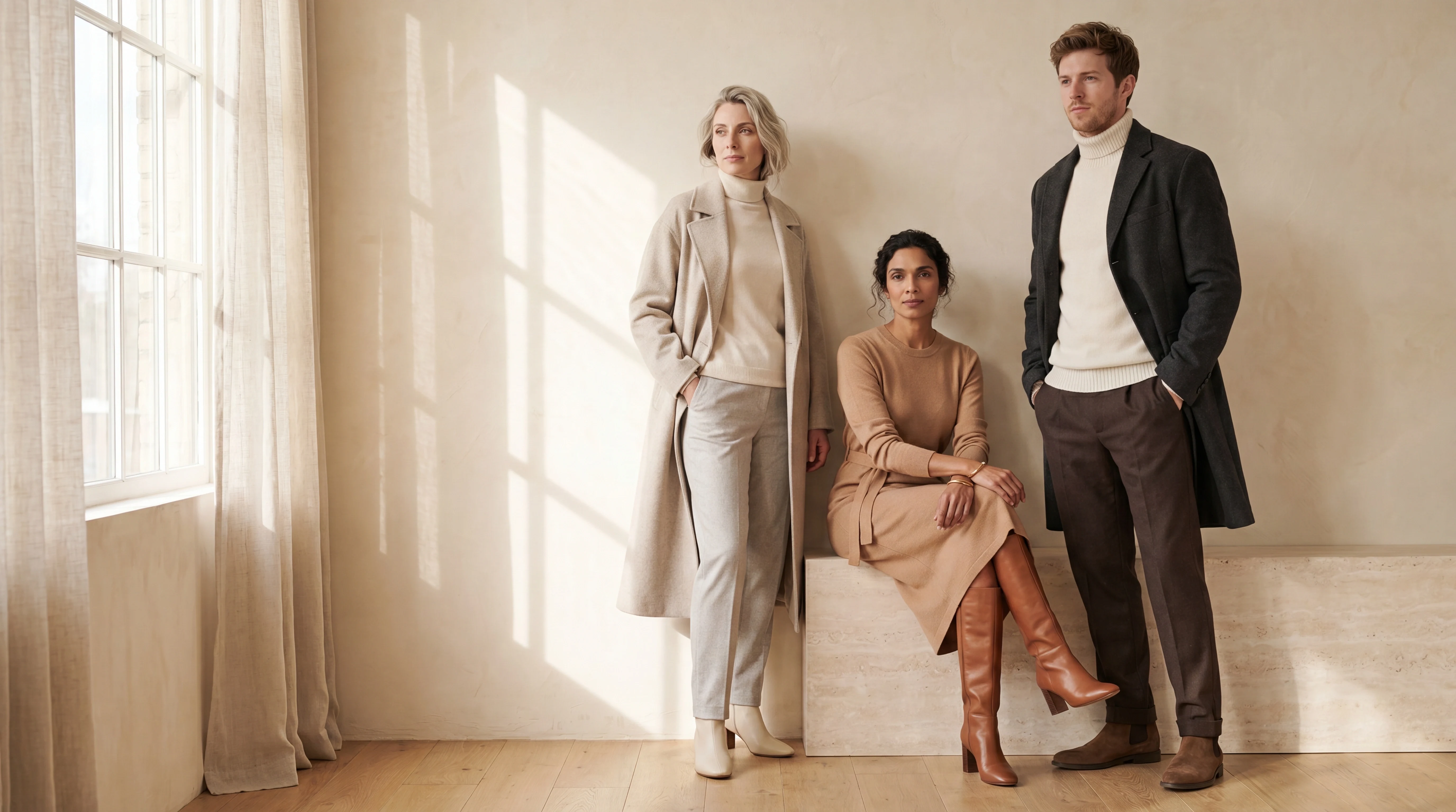 The campaign cast together in coordinated looks under one warm studio light