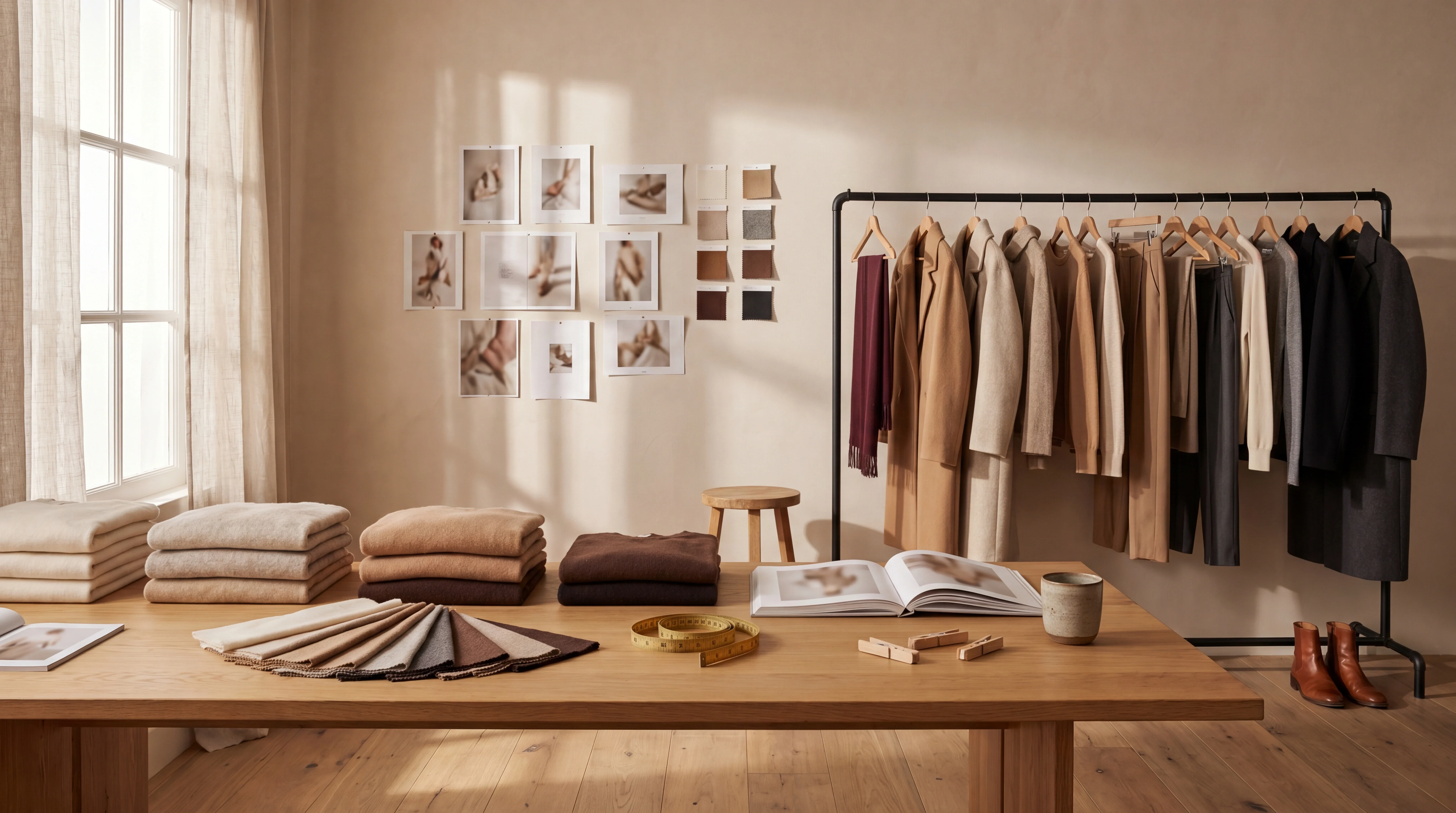 A fashion production studio: a garment rail, styling table and pinned prints