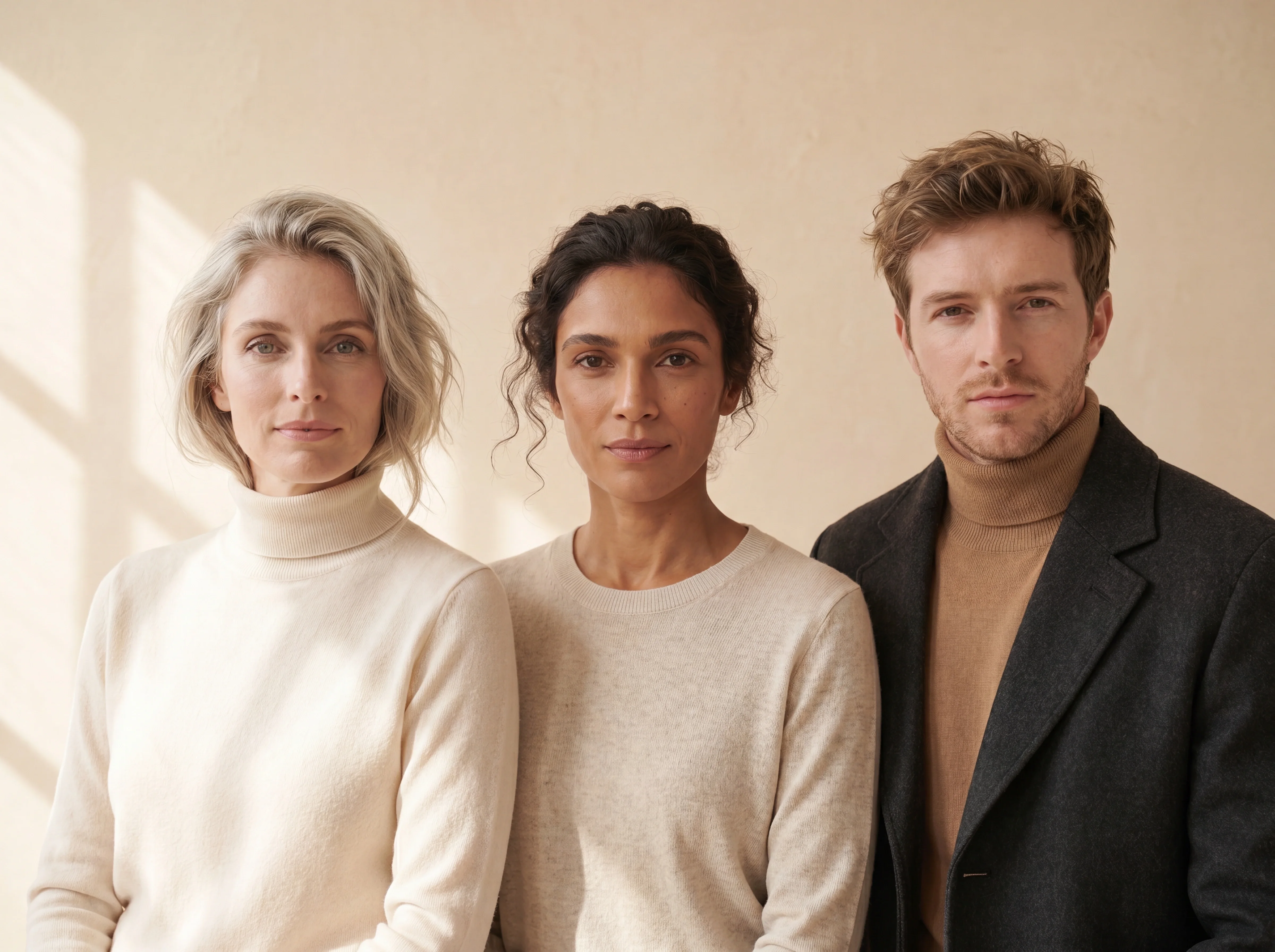 Three models in coordinated looks under one consistent studio light