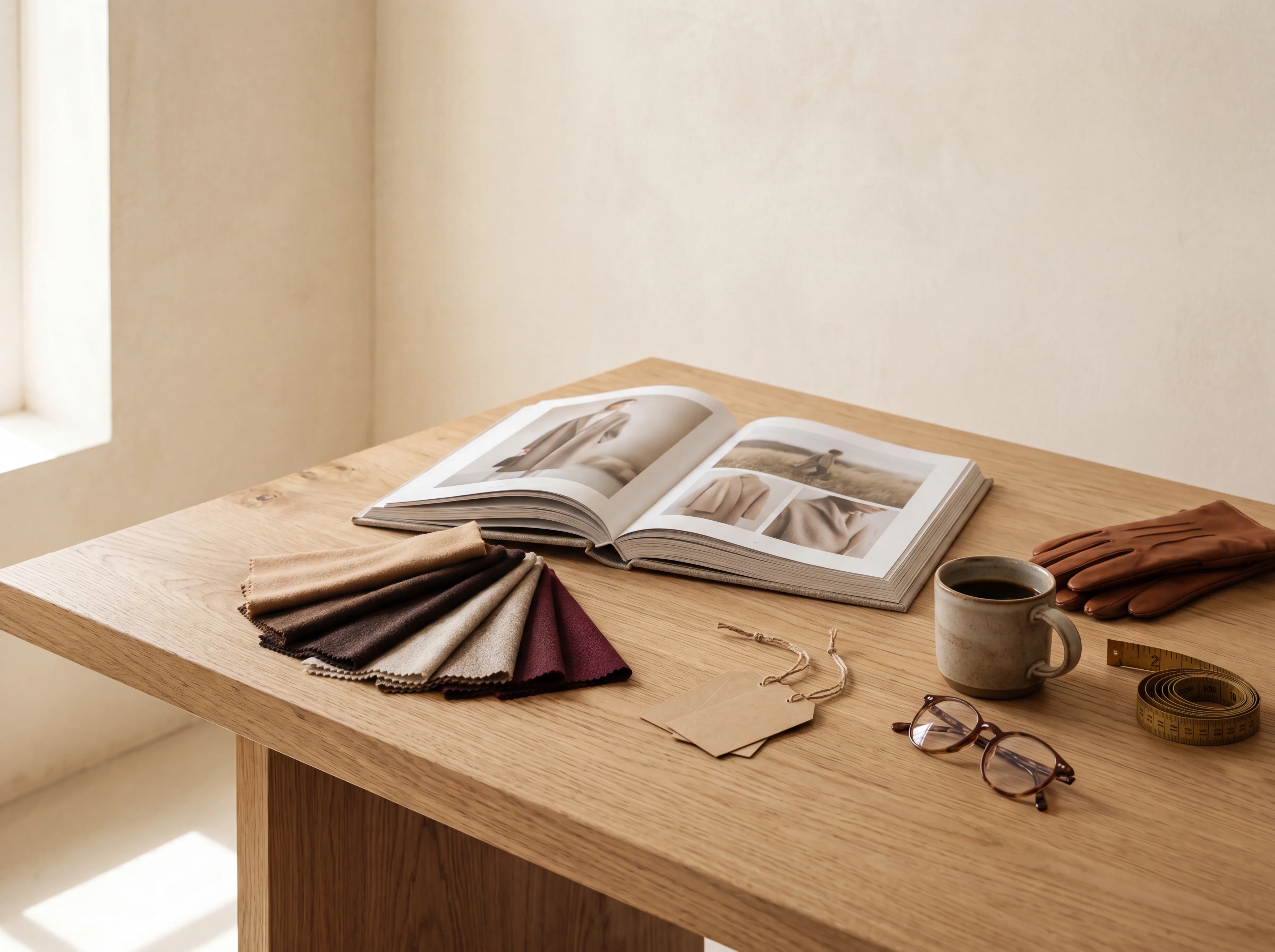 A stylist table with fabric swatches and an open lookbook