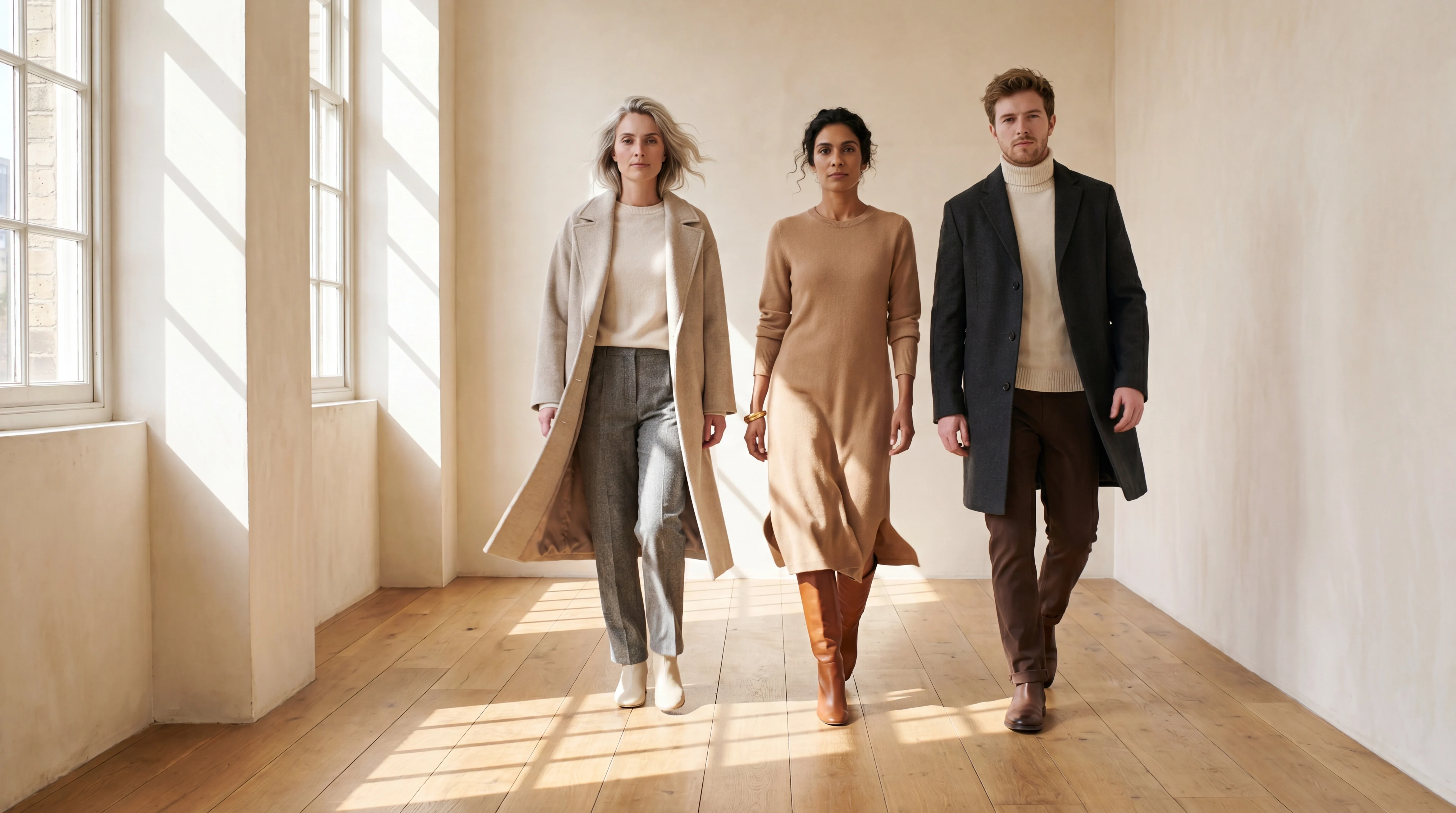 A campaign film still: the cast walking together in motion