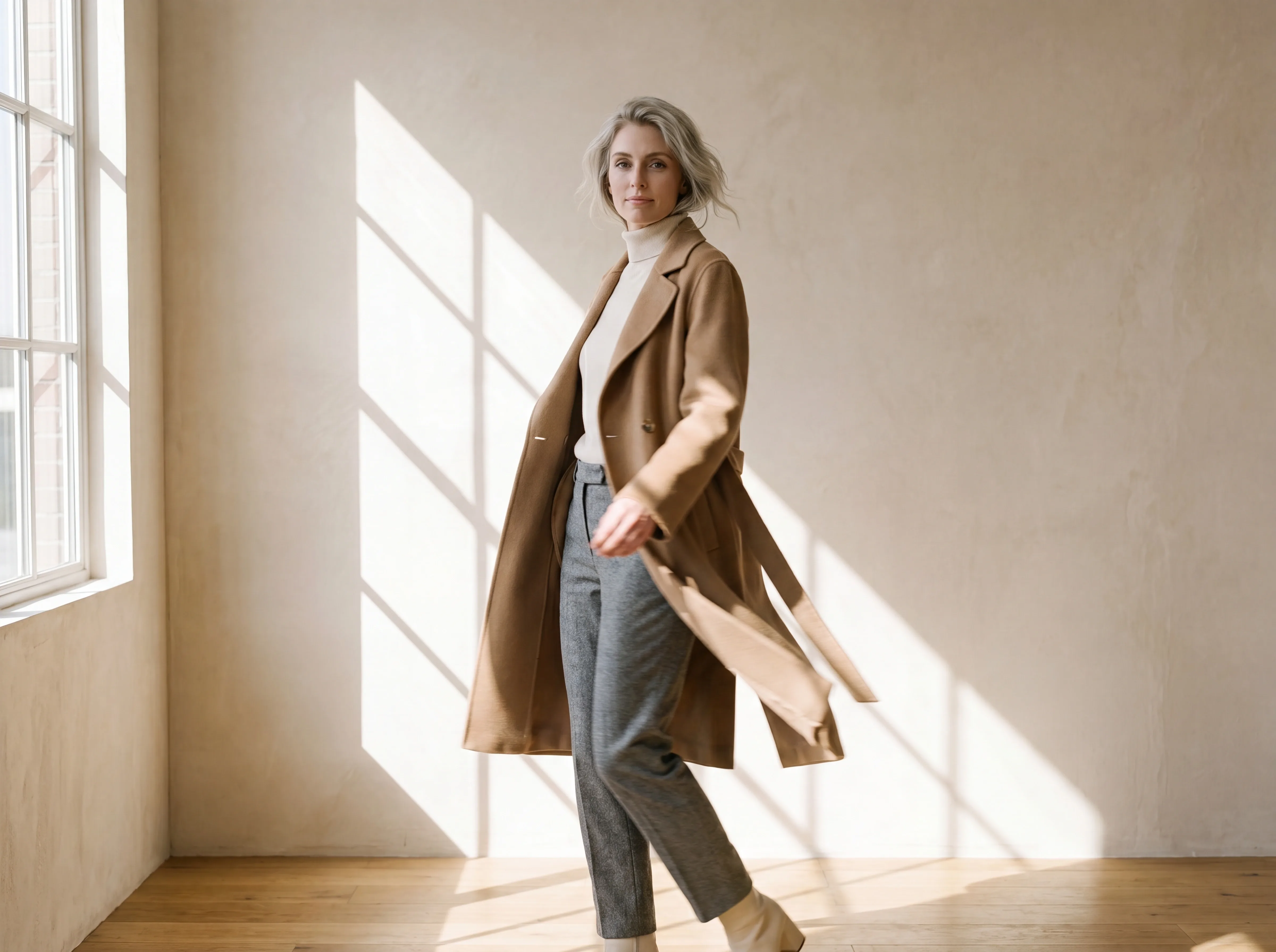 A model captured mid-movement, coat in motion