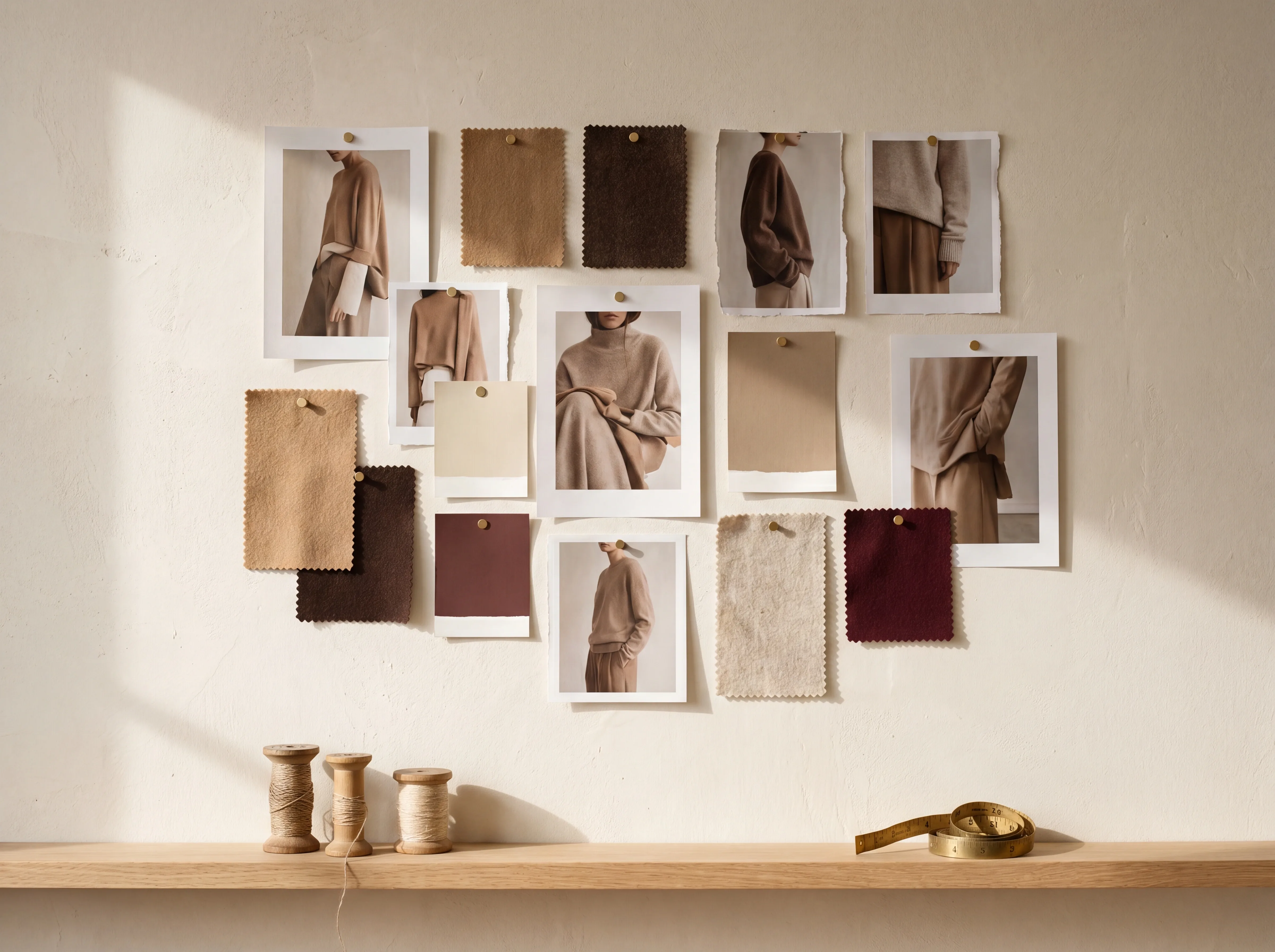A creative-direction moodboard of fabric swatches and editorial prints