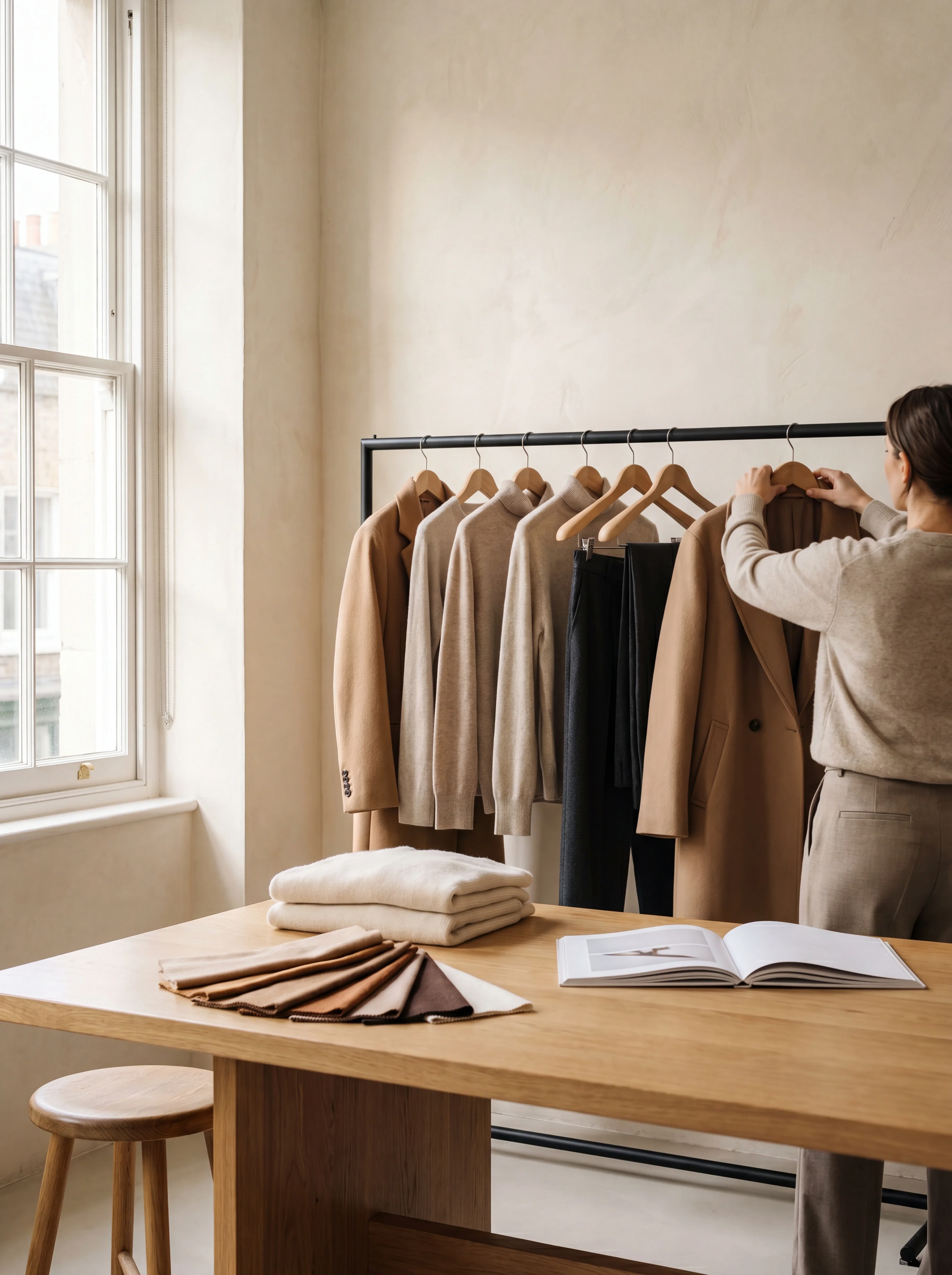 The Fashify production studio: a garment rail, styling table and warm window light