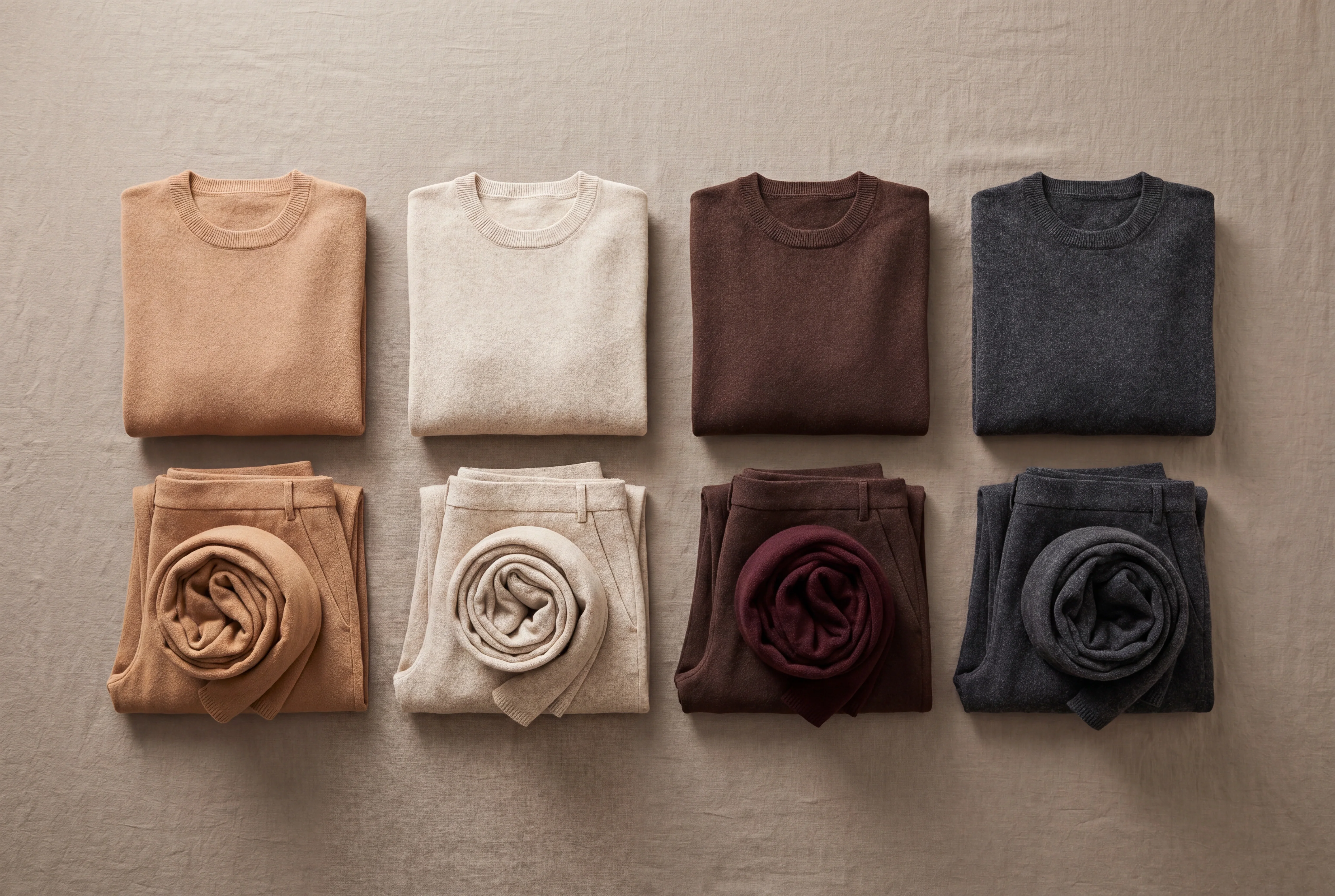 A finished collection folded and organized look by look