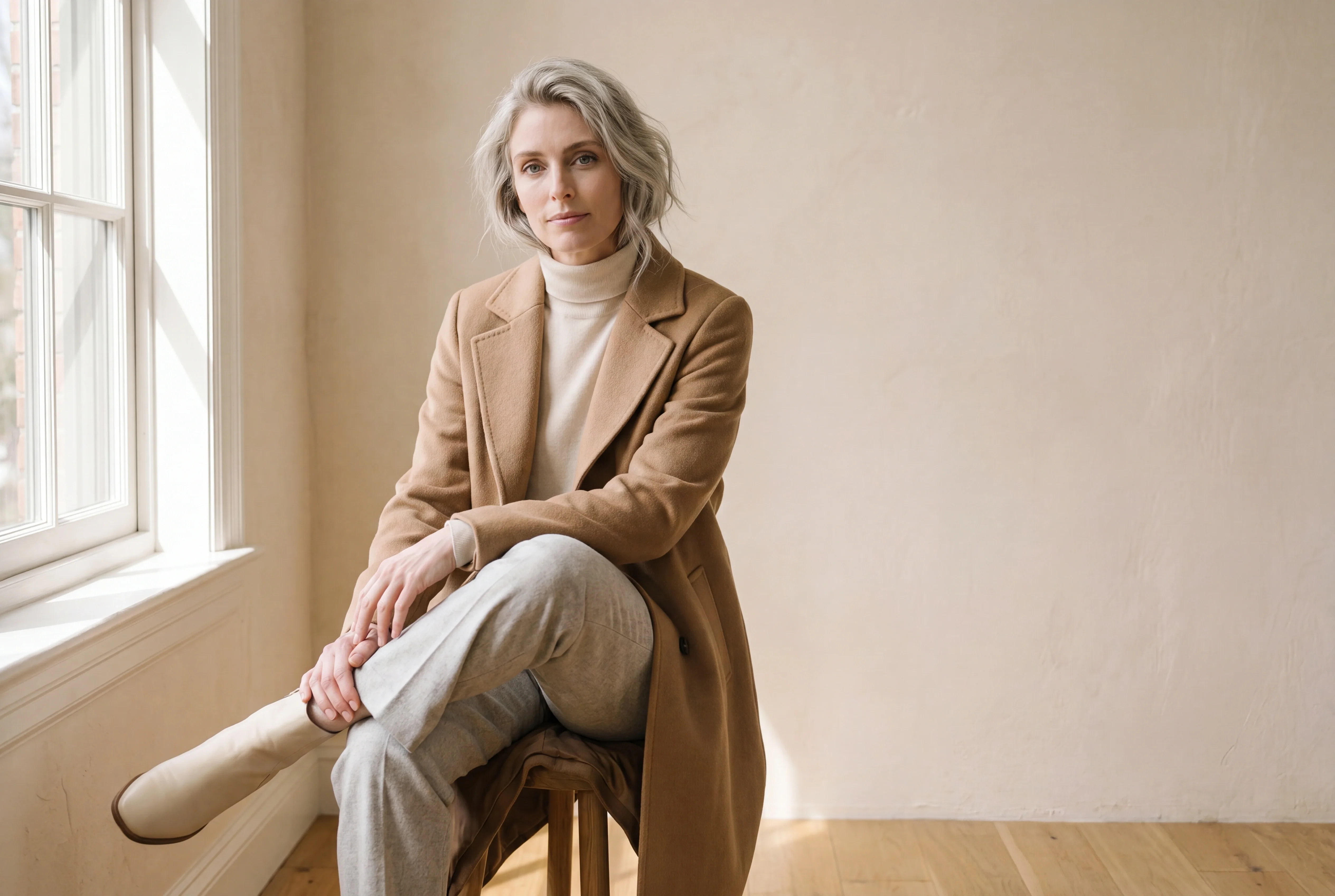 A polished lookbook frame, a seated studio portrait