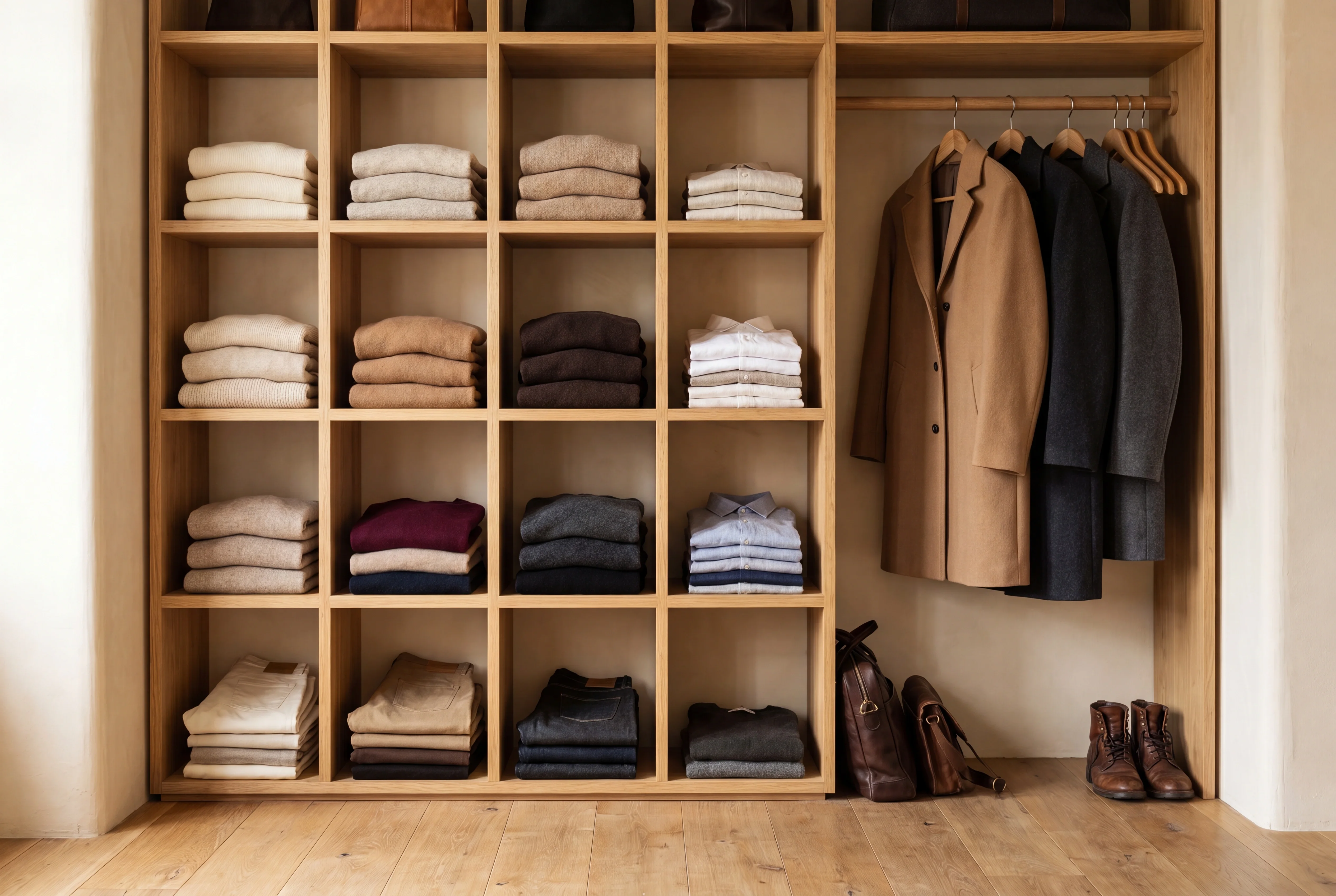 An organized wardrobe of folded, colour-coordinated knitwear